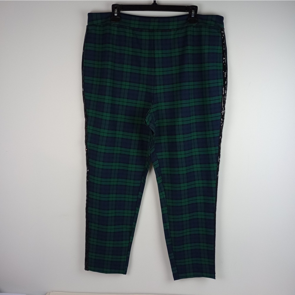 Joan Rivers Womens 1X Green Blue Plaid Sequin Trim Ankle Trousers Slacks Pants